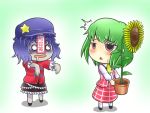  2girls ascot blue_eyes blue_hair chibi dress drooling flower flower_pot green_hair hat jiangshi kazami_yuuka miyako_yoshika multiple_girls ofuda open_mouth outstretched_arms plaid plaid_skirt plaid_vest red_eyes short_hair skirt skirt_set smile star sunflower sweatdrop touhou verta_(verlaine) zombie_pose 