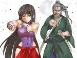  1boy 1girl beard black_hair breasts brown_eyes detached_sleeves eyebrows eyeliner facial_hair fighting_stance grey_hair hair_ribbon hakama japanese_clothes katana kimono konpaku_youki kuranosuke large_breasts leotard long_hair m.u.g.e.n makeup mound_of_venus muscle navel nontraditional_miko original ponytail ribbon scar sendai_hakurei_no_miko sheath skin_tight sword taut_clothes thick_eyebrows touhou unsheathing very_long_hair weapon 