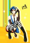  1girl bag belt black_hair blue_eyes boots collar elbow_gloves fingerless_gloves gloves hat marie_(persona_4) necktie persona persona_4 persona_4_the_golden plaid plaid_skirt sakimori_uta short_hair shoulder_bag skirt sleeveless solo squatting striped striped_legwear thigh-highs 