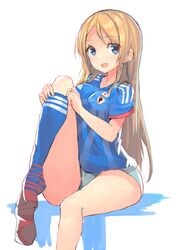  1girl absurdres ayase_eli blonde_hair blue_eyes blush breasts dressing hair_down highres japan kame^^ leg_up long_hair looking_at_viewer love_live!_school_idol_project open_mouth panties single_sock sittings smile soccer_uniform socks solo sportswear underwear 