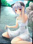  1girl alternate_costume animal_ears blush dress highres looking_at_viewer mouse_ears mouse_tail nazrin nnyara red_eyes river short_hair silver_hair sitting solo tail touhou wariza water wet wet_clothes wet_dress white_dress 