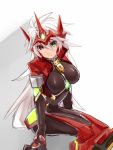  1girl alpha-01 blazblue bodysuit genderswap green_eyes heterochromia long_hair ragna_the_bloodedge red_eyes silver_hair tomo_(tomorag7) 