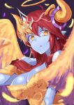  1girl ahoge bare_shoulders blue_skin breasts bust cleavage demon_girl demon_horns dress feathered_wings feathers fur_trim halo hand_in_hair hera-sowilo_(p&amp;d) hera_(p&amp;d) horn_ring horns jyon long_hair looking_away multicolored_hair off_shoulder open_mouth orange_hair pointy_ears purple_background puzzle_&amp;_dragons redhead slit_pupils solo tiara two-tone_hair wings yellow_dress yellow_eyes 