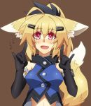  1girl :d \m/ ahoge animal_ears black_gloves blonde_hair chroma000 double_\m/ elbow_gloves fox_ears fox_tail gloves hair_ornament looking_at_viewer navel open_mouth original ponytail red_eyes smile solo tagme tail 