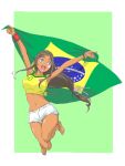  1girl 2014_fifa_world_cup anklet arms_up artist_request barefoot blue_eyes brazil brazilian_flag brown_hair cutoffs dark_skin hairband jewelry jumping midriff navel open_mouth short_shorts shorts smile solo star tank_top world_cup wristband 