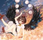  1girl :d black_wings brown_hair camera fan hat holding la-na looking_at_viewer open_mouth panties pantyshot pom_pom_(clothes) red_eyes shameimaru_aya short_hair smile solo tokin_hat touhou twilight underwear wings 