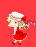  +_+ 1girl blonde_hair fang flandre_scarlet hat hinata_yuu mob_cap red_background red_eyes shoes side_ponytail simple_background solo touhou wings 