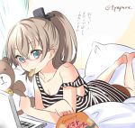  1girl alternate_costume aqua_eyes bespectacled brown_hair casual computer eating glasses kantai_collection kumano_(kantai_collection) laptop lying natsupa on_stomach ponytail potato_chips solo strap_slip stuffed_animal stuffed_toy teddy_bear 