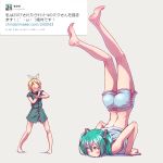  2girls barefoot blonde_hair blush chest_stand green_hair hair_ornament hair_ribbon hatsune_miku highres kagamine_rin legs long_hair multiple_girls open_mouth ribbon short_hair shorts soles toes twintails vocaloid wokada 