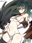  1girl bikini breasts brown_gloves cape eyepatch gloves green_hair highres kantai_collection kiso_(kantai_collection) looking_at_viewer simple_background solo standing super_zombie swimsuit sword weapon white_background 