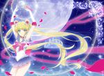  1girl armpits arms_up bishoujo_senshi_sailor_moon bishoujo_senshi_sailor_moon_crystal blonde_hair blue_eyes blue_skirt choker crescent double_bun full_moon gloves highres long_hair looking_at_viewer magical_girl mikan_(artist) moon sailor_moon skirt smile solo tiara tsukino_usagi twintails very_long_hair white_gloves 