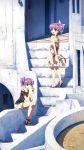  2girls :&gt; :d blue_eyes casual dj_max dj_max_portable earrings hair_ornament hair_ribbon highres jewelry ladymade_star looking_at_viewer multiple_girls no_socks open_mouth purple_hair ribbon sandals side_ponytail sitting smile stairs standing tagme yuuki_tatsuya 