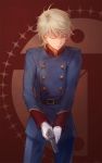  1boy aldnoah.zero blonde_hair closed_eyes gloves gun handgun highres kanmuri_(hanyifan30338) short_hair slaine_troyard solo uniform weapon white_gloves 