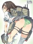  1girl artist_name ass bent_over brown_eyes brown_hair from_behind gloves green_panties hairband highres kantai_collection looking_back mecha_musume open_mouth panties pleated_skirt school_uniform serafuku sketch skirt solo super_zombie tanikaze_(kantai_collection) thigh_strap underwear white_gloves 