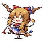  1girl =_= brown_hair chibi chroma000 fang hair_bun hair_ribbon horns ibuki_suika long_hair musical_note open_mouth ribbon smile solo tagme touhou wrist_cuffs 