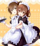  2girls alternate_costume apron brown_eyes brown_hair cup enmaided fang garter_straps gloves hair_ornament hairclip hug hug_from_behind ikazuchi_(kantai_collection) inazuma_(kantai_collection) kantai_collection maid maid_apron maid_headdress multiple_girls natsupa open_mouth teacup teapot thigh-highs tray white_gloves white_legwear yellow_eyes 