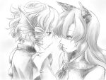  2girls animal_ears brooch bust cink-knic eye_contact head_fins imaizumi_kagerou jewelry looking_at_another monochrome multiple_girls smile touhou wakasagihime wolf_ears yuri 