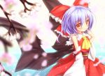  1girl :&lt; ascot bat_wings blurry blush bow cherry_blossoms cosplay depth_of_field detached_sleeves finger_to_mouth gennsuikyou hair_bow hakurei_reimu hakurei_reimu_(cosplay) petals purple_hair red_eyes remilia_scarlet short_hair solo touhou wings 