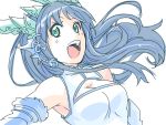  1girl :d armpits bare_shoulders blue blue_dress blue_eyes blue_gloves blue_hair breasts bust china_dress chinese_clothes cleavage cleavage_cutout dragon_girl dragon_horns dress elbow_gloves fangs gloves hair_ornament head_fins horns ishiyumi karin_(p&amp;d) long_hair open_mouth puzzle_&amp;_dragons simple_background sleeveless sleeveless_dress smile solo teeth white_background 