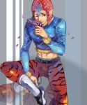  1boy black_eyes bullet guido_mista gun hat highres jojo_no_kimyou_na_bouken sanzashi_(shilingxianguo1) solo tiger_print weapon 