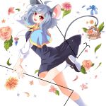  1girl ahoge animal_ears blush capelet dowsing_rod grey_hair highres jewelry koza looking_at_viewer mouse_ears mouse_tail nazrin open_mouth pendant red_eyes short_hair skirt solo symbol-shaped_pupils tail touhou white_legwear 