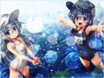  akatsuki_(kantai_collection) artist_request black_hair hat hibiki_(kantai_collection) kantai_collection long_hair one-piece_swimsuit open_mouth school_swimsuit silver_hair swimsuit 