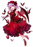  1girl :d alternate_costume armpits ascot bat bat_wings elbow_gloves fingerless_gloves frilled_skirt frills gloves hairband loalo lolita_hairband looking_at_viewer open_mouth purple_hair red_eyes red_gloves remilia_scarlet short_hair skirt smile solo touhou wings 