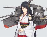  1girl bare_shoulders black_hair cannon detached_sleeves fusou_(kantai_collection) hair_ornament japanese_clothes kantai_collection long_hair red_eyes rokuwata_tomoe simple_background solo turret 