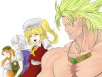  1boy 3girls blonde_hair broly crossover dragon_ball dragon_ball_z earrings flandre_scarlet highres hikichi_sakuya hong_meiling izayoi_sakuya jewelry long_hair multiple_girls muscle necklace puffy_sleeves short_hair side_ponytail spiky_hair super_saiyan touhou vampire 