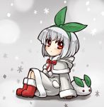  1girl boots capelet chroma000 coat hairband looking_at_viewer mittens original red_eyes short_hair silver_hair sitting tagme 