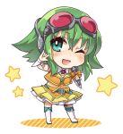  1girl \m/ chibi chroma000 goggles goggles_on_head green_eyes green_hair gumi holding looking_at_viewer microphone navel short_hair solo vocaloid wink 