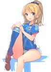  1girl absurdres ayase_eli blonde_hair blue_eyes blush breasts dressing highres japan kame^^ leg_up long_hair looking_at_viewer love_live!_school_idol_project open_mouth panties ponytail single_sock sitting smile soccer_uniform socks solo sportswear underwear 