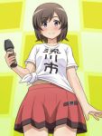  1girl awa blue_eyes blush brown_hair futsuu_no_joshikousei_ga_locodol_yattemita microphone shirt short_hair skirt smile solo usami_nanako 