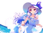  1girl bare_shoulders blush breasts cleavage covered_navel dress frills hat idolmaster kusanagi_tonbo large_breasts long_hair no_bra open_mouth purple_hair see-through_silhouette shijou_takane simple_background smile solo strap_slip sun_hat sundress violet_eyes white_background 