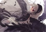  1girl black_wings blurry depth_of_field feathered_wings feathers gothic_lolita hairband highres lolita_fashion lolita_hairband long_hair looking_at_viewer red_eyes rozen_maiden silver_hair smile solo suigintou sumaki_shungo wind wings 
