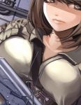  1girl breasts brown_eyes brown_hair close-up face gun lips original solo terabyte_(rook777) weapon 