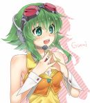  1girl :d bare_shoulders chroma000 fingers_together goggles goggles_on_head green_eyes green_hair gumi headphones open_mouth short_hair smile solo tagme vocaloid 
