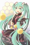  1girl :d absurdres black_gloves gloves green_eyes green_hair hair_ornament hand_on_own_chest hatsune_miku highres levi9452 long_hair looking_at_viewer open_mouth reaching smile solo striped striped_legwear tagme twintails vocaloid 