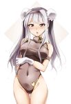  1girl :o alternate_costume alternate_hairstyle bare_shoulders blush breasts bun_cover china_dress chinese_clothes covered_navel double_bun gloves hairband highres idolmaster kaiga large_breasts leotard long_hair shijou_takane silver_hair solo violet_eyes 