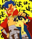  2boys belt cape crayon_shin-chan goggles goggles_on_head hand_on_another&#039;s_head kamina kamina_shades kaya-ko multiple_boys parody shirtless simon style_parody sunglasses tengen_toppa_gurren_lagann 