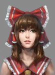  1girl ascot bow brown_hair facing_viewer green_eyes grey_background hair_bow hair_tubes hakurei_reimu highres lips nose pandawei portrait realistic simple_background solo touhou 