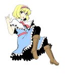  1girl \m/ alice_margatroid ascot blonde_hair blue_eyes book boots brown_boots capelet cross-laced_footwear dress gomi_(gomitin) hairband looking_at_viewer open_mouth pantyhose sash solo touhou 