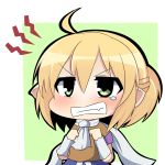  1girl ahoge blonde_hair chibi clenched_hands clenched_teeth elbow_pads jealous mizuhashi_parsee pointy_ears scarf simple_background solo tears touhou two-tone_background twumi 