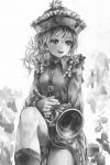  1girl boots bust dress facing_viewer frilled_dress frills hat hat_ornament holding instrument long_sleeves looking_away merlin_prismriver monochrome nagayo open_mouth sitting smile solo touhou trumpet vest 