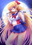  1girl aino_minako bishoujo_senshi_sailor_moon bishoujo_senshi_sailor_moon_crystal blonde_hair blue_eyes blue_skirt bow breasts full_moon gloves hair_bow long_hair looking_at_viewer magical_girl mask moon navel sailor_v skirt solo toshi_(1-147) very_long_hair white_gloves 