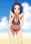 1girl ahoge bikini blue_hair blush breasts cleavage clouds highres idolmaster kaimu_(pixiv) large_breasts looking_at_viewer miura_azusa open_mouth red_eyes sand short_hair sky smile solo swimsuit 