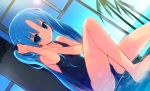  1girl adjusting_hair blue_hair dutch_angle kamiyoshi long_hair one-piece_swimsuit original solo swimsuit water wet_hair 