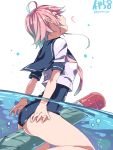  1girl ahoge ass character_name highres i-58_(kantai_collection) kantai_collection looking_at_viewer looking_back nape partially_submerged pink_eyes pink_hair school_swimsuit school_uniform serafuku short_hair straddling super_zombie swimsuit torpedo underwater water watermark 