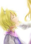  2girls animal_ears blonde_hair bust closed_eyes commentary_request dress fox_ears gloves hand_on_another&#039;s_chin multiple_girls out_of_frame parted_lips simple_background touhou white_background yakumo_ran yakumo_yukari zeikomi 