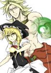  1boy 1girl blonde_hair blush bracelet broly chokobo_(fire89) crossover dragon_ball dragon_ball_z earrings energy_ball green_eyes hat jewelry kirisame_marisa long_hair muscle necklace puffy_sleeves short_hair spiky_hair super_saiyan touhou vest witch_hat yellow_eyes 